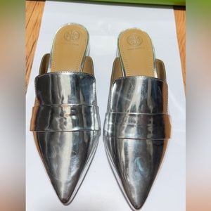 🚨FLASH SALE🚨TORYBURCH Rosalind Metallic Leather Mule POINTY SLIDE SHOES SILVER